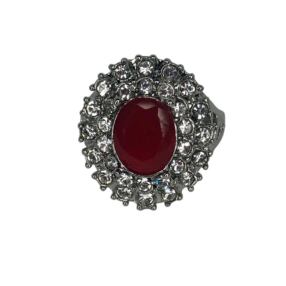 Silver and Red Rhinestone Statement Ring - Size 8.5 - Picture 3 of 6